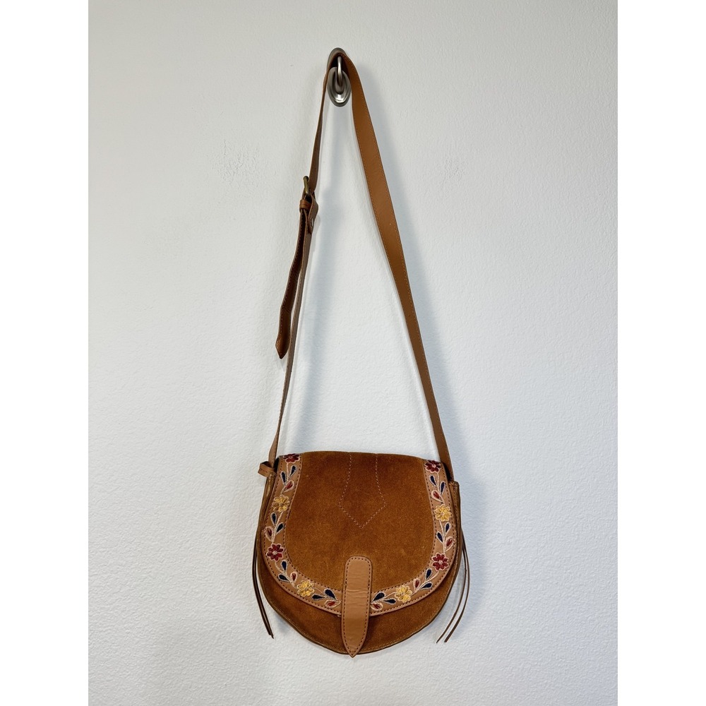 American Eagle Crossbody Bag Women's Small Brown Suede Leather Embroidered Boho
